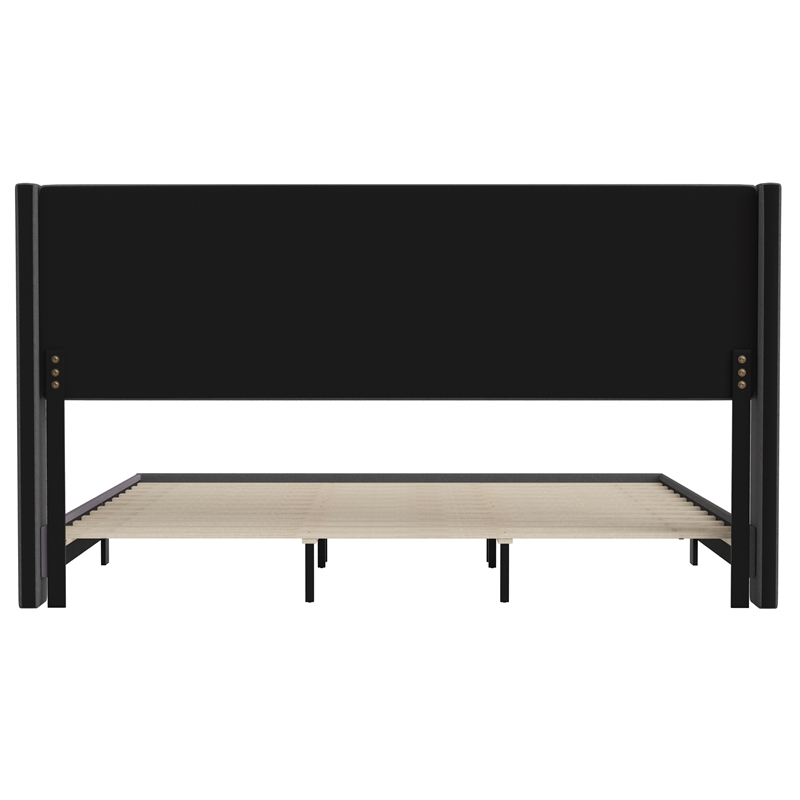 King Size Upholstered Platform Bed with Wingback Headboard-Charcoal Faux Linen