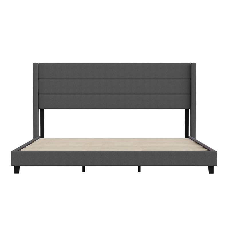 King Size Upholstered Platform Bed with Wingback Headboard-Charcoal Faux Linen