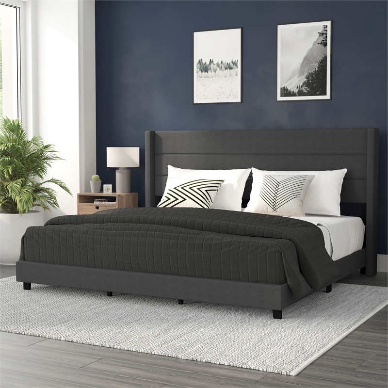 King Size Upholstered Platform Bed with Wingback Headboard-Charcoal Faux Linen