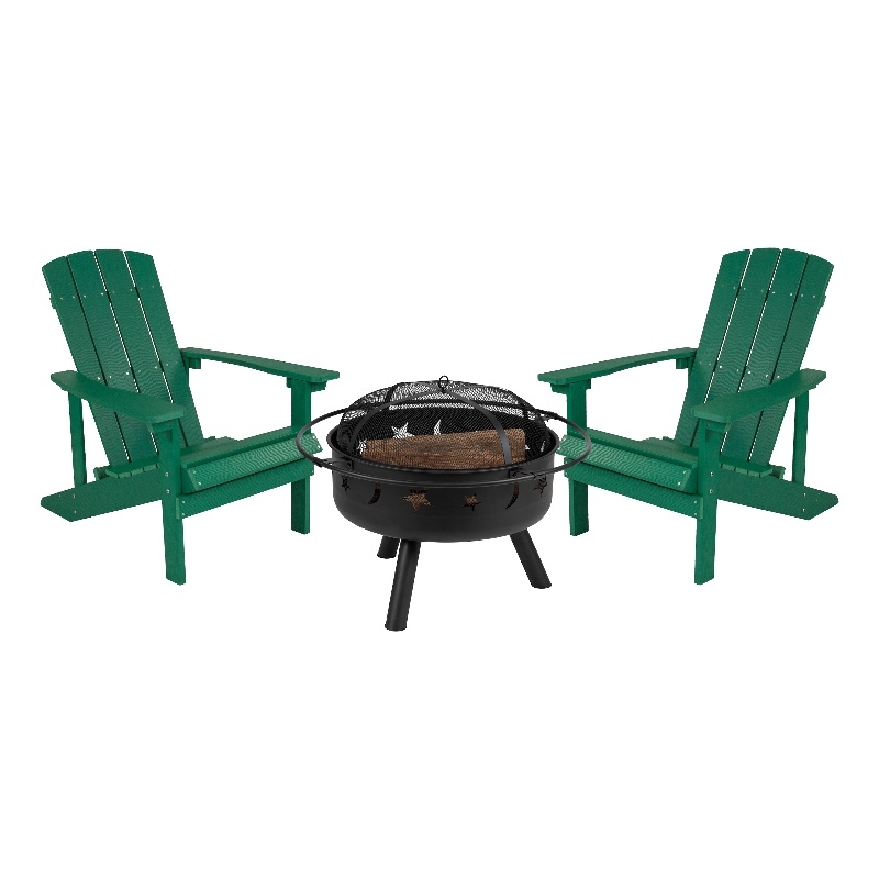 Star and Moon Fire Pit with Mesh Cover & 2 Green Poly Resin Adirondack Chairs