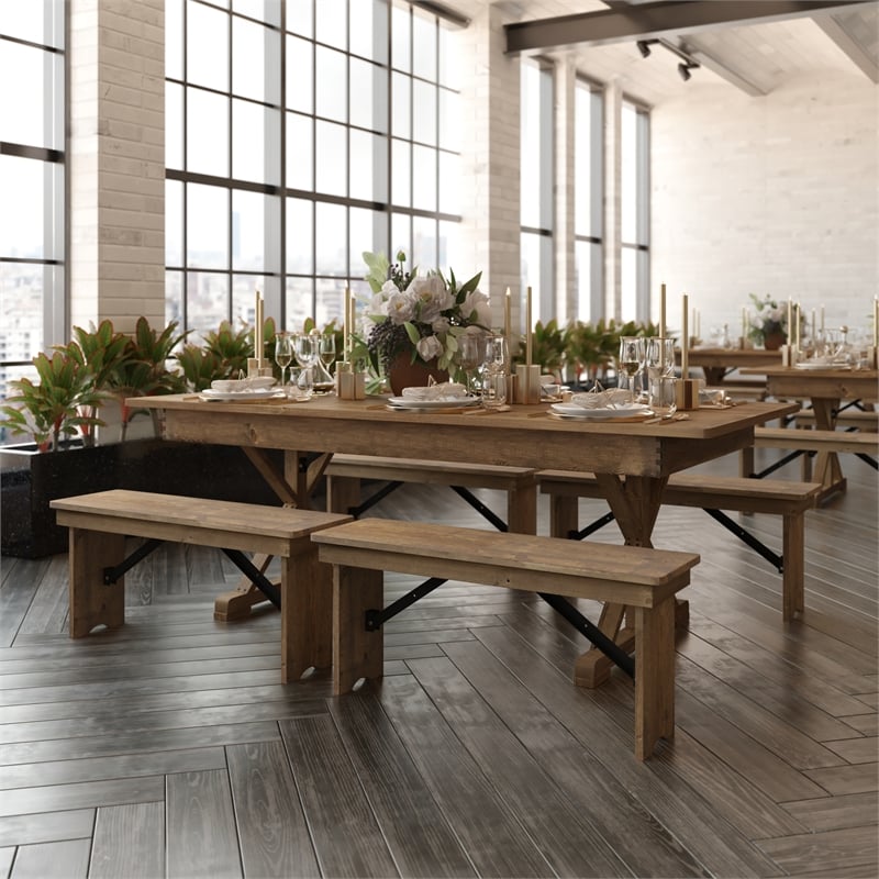 Solid Pine Farm Dining Table with X-Style Legs in Antique Rustic - 7' x 40