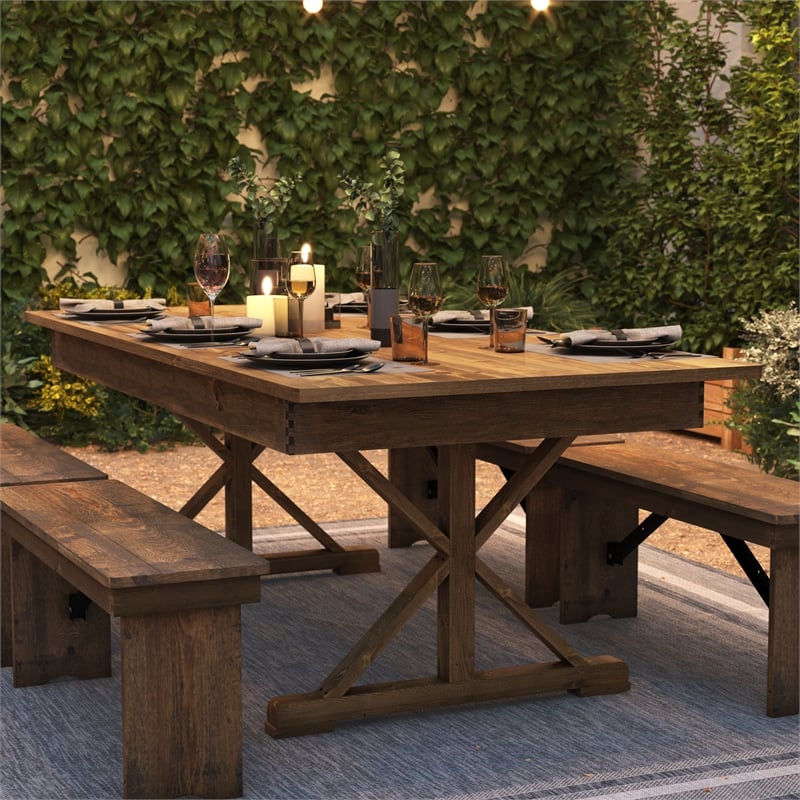 Solid Pine Farm Dining Table with X-Style Legs in Antique Rustic - 7' x 40