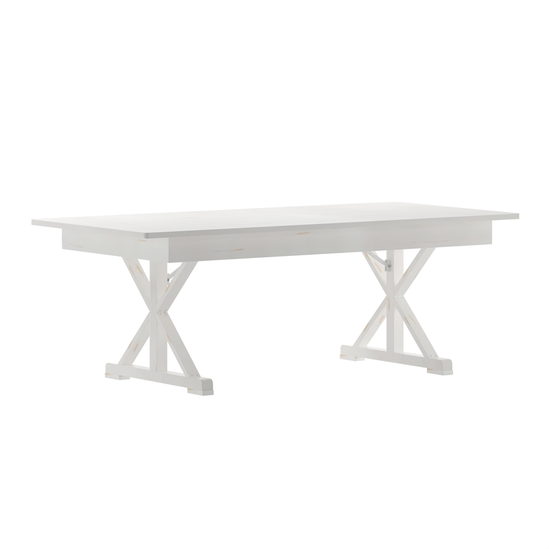 Solid Pine Farm Dining Table with X-Style Legs in Antique Rustic White-7' x 40