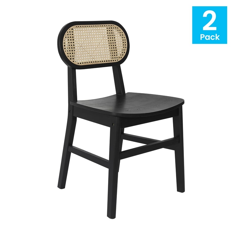 2 Pack Commercial Cane Rattan Event Chairs - Wood Backs and Seats-Natural/Black