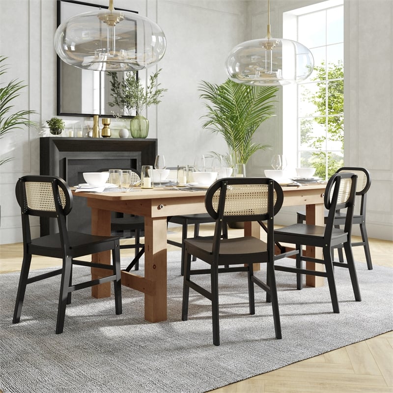 2 Pack Commercial Cane Rattan Event Chairs - Wood Backs and Seats-Natural/Black