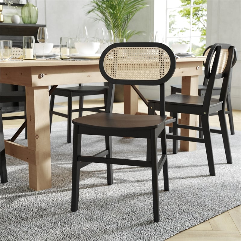 2 Pack Commercial Cane Rattan Event Chairs - Wood Backs and Seats-Natural/Black