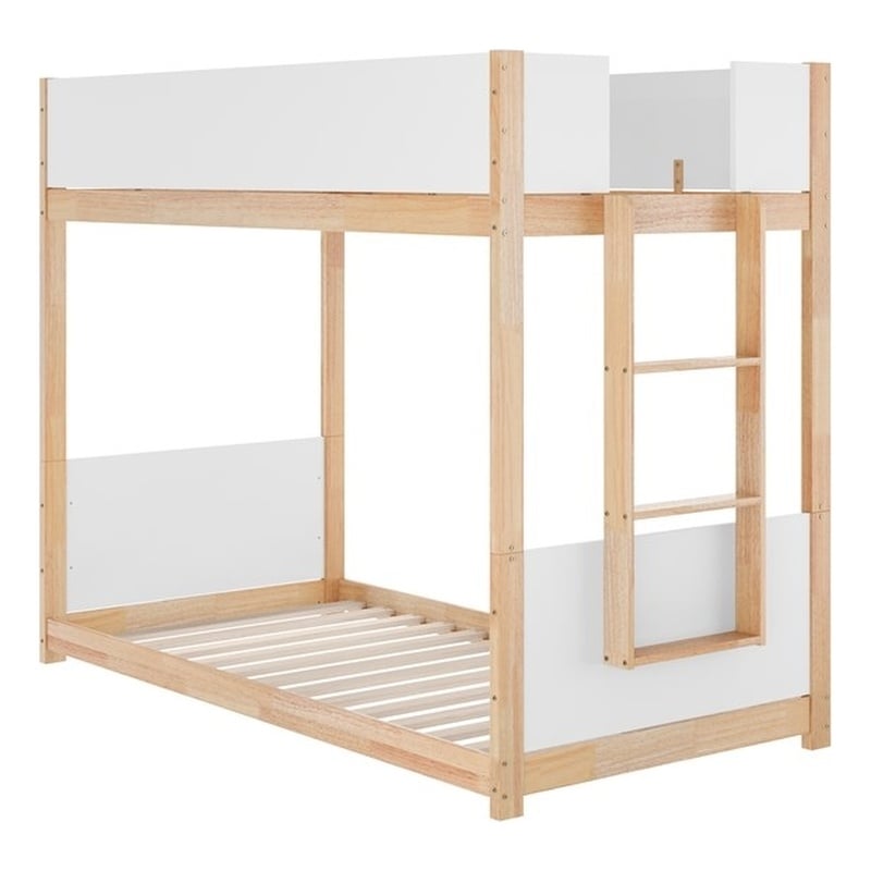 Twin Over Twin Convertible Solid Wood Bunk Bed Frame for Kids in White/Natural