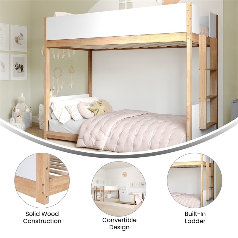 Twin Over Twin Convertible Solid Wood Bunk Bed Frame for Kids in White/Natural
