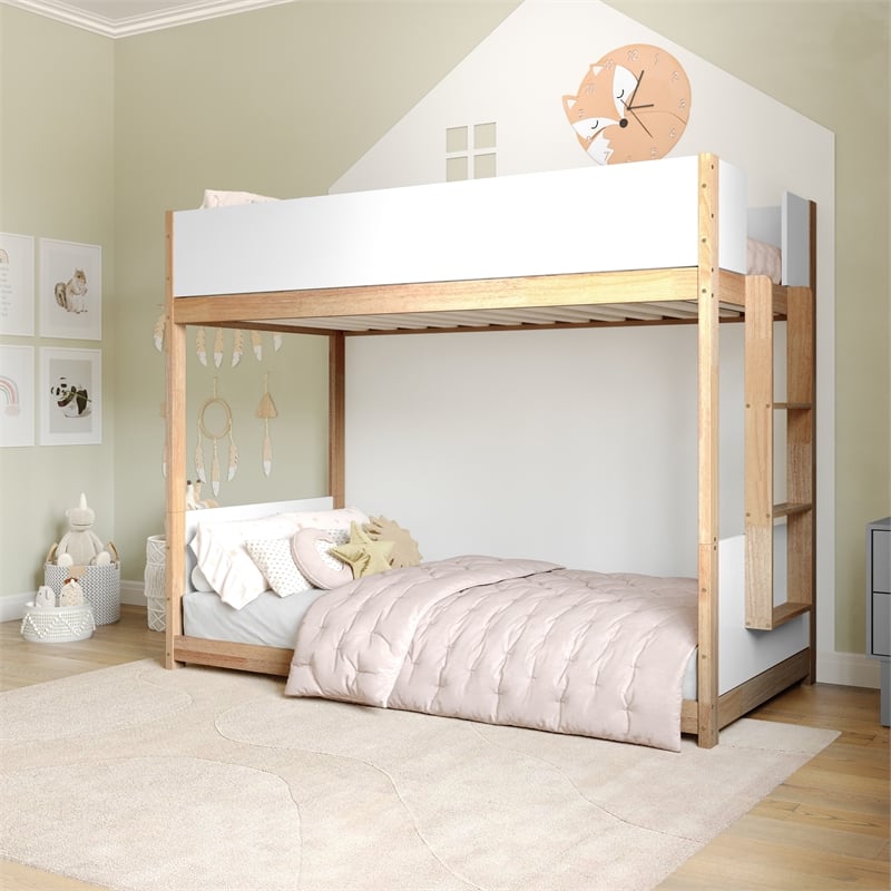 Twin Over Twin Convertible Solid Wood Bunk Bed Frame for Kids in White/Natural