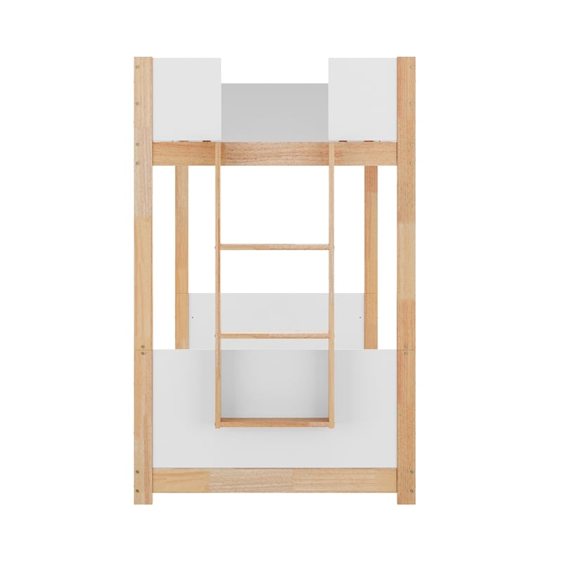 Twin Over Twin Convertible Solid Wood Bunk Bed Frame for Kids in White/Natural