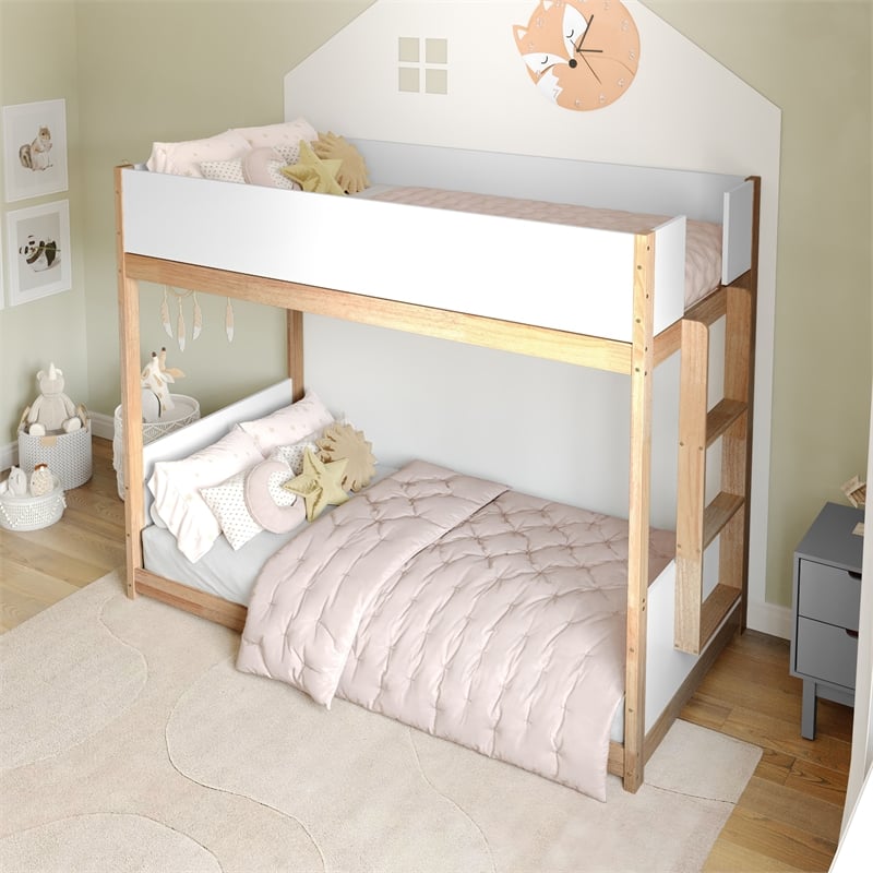 Twin Over Twin Convertible Solid Wood Bunk Bed Frame for Kids in White/Natural