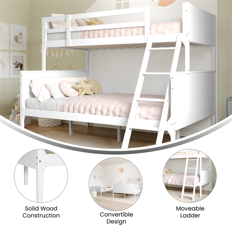 Twin Over Full Convertible Slatted Solid Wood Bunk Bed Frame for Kids in White