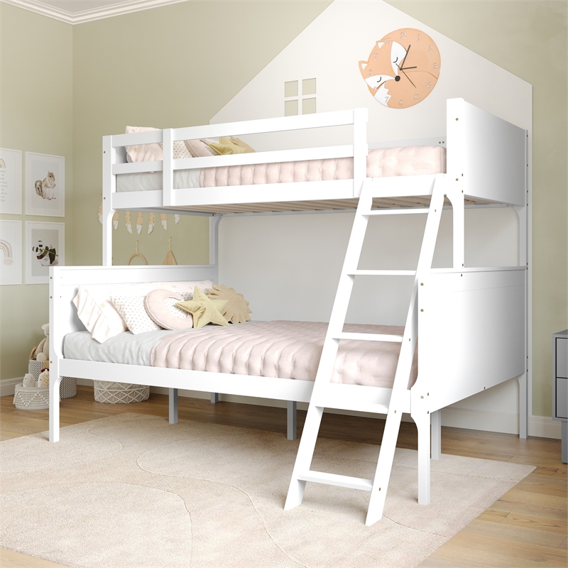 Twin Over Full Convertible Slatted Solid Wood Bunk Bed Frame for Kids in White