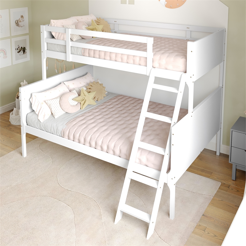 Twin Over Full Convertible Slatted Solid Wood Bunk Bed Frame for Kids in White