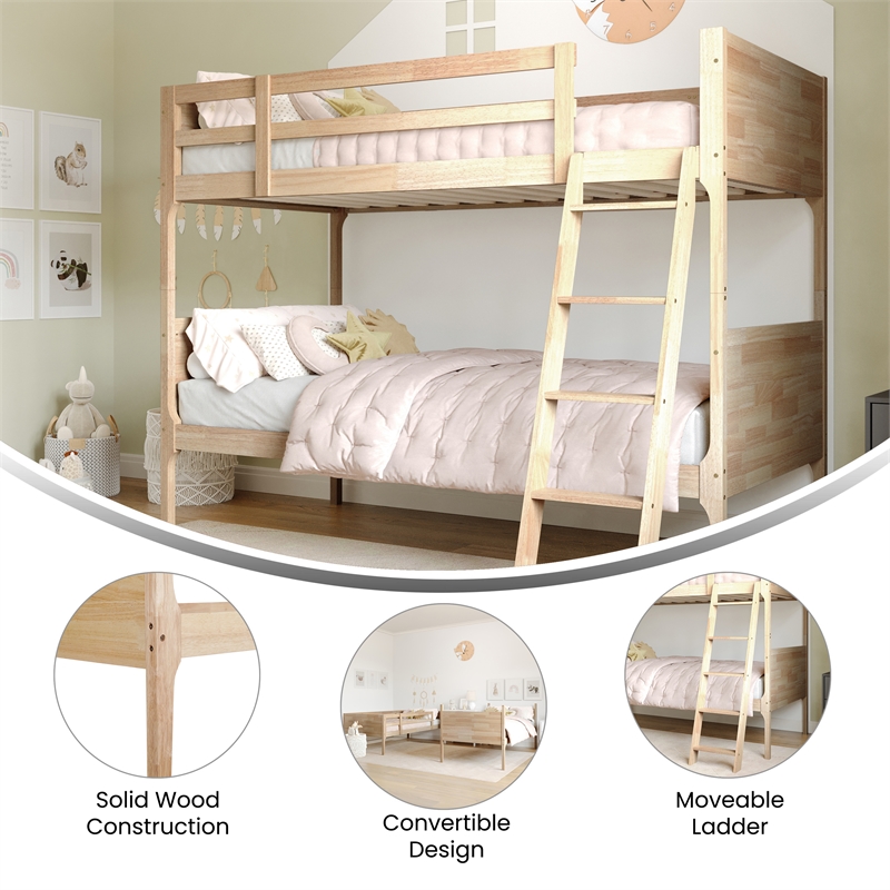 Twin Over Twin Convertible Slatted Solid Wood Bunk Bed Frame for Kids in Natural