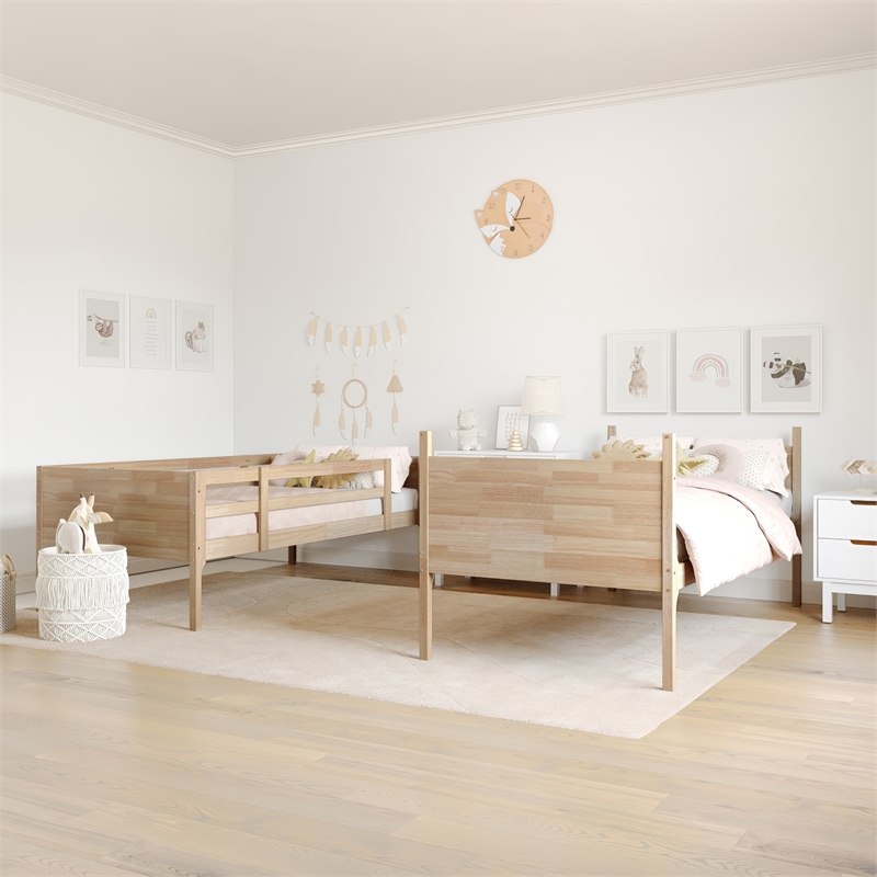 Twin Over Twin Convertible Slatted Solid Wood Bunk Bed Frame for Kids in Natural