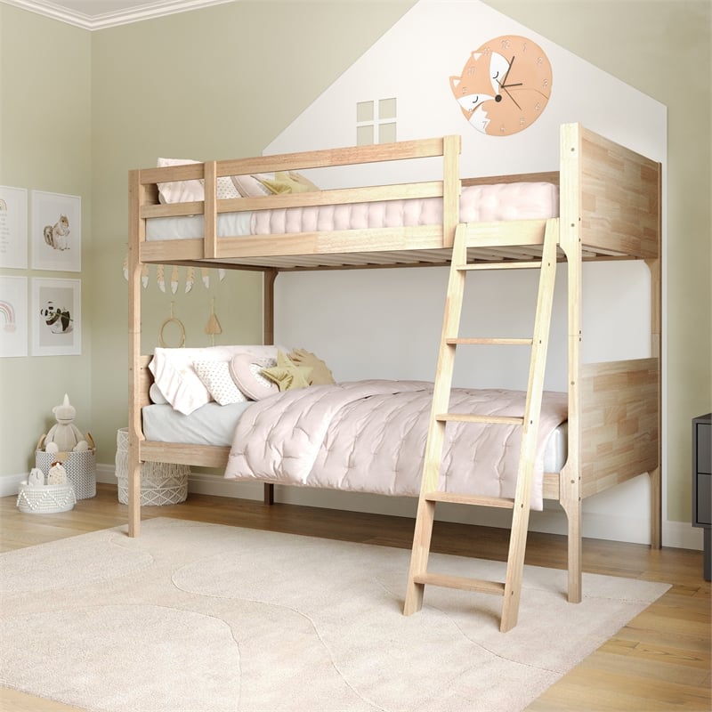 Twin Over Twin Convertible Slatted Solid Wood Bunk Bed Frame for Kids in Natural