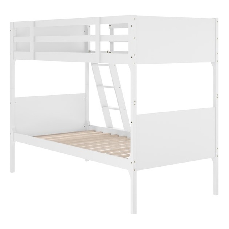 Twin Over Twin Convertible Slatted Solid Wood Bunk Bed Frame for Kids in White