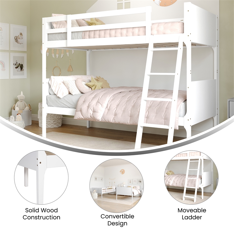 Twin Over Twin Convertible Slatted Solid Wood Bunk Bed Frame for Kids in White