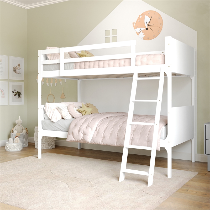 Twin Over Twin Convertible Slatted Solid Wood Bunk Bed Frame for Kids in White