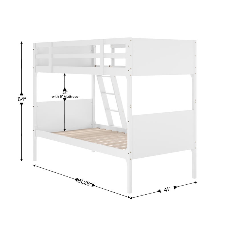 Twin Over Twin Convertible Slatted Solid Wood Bunk Bed Frame for Kids in White