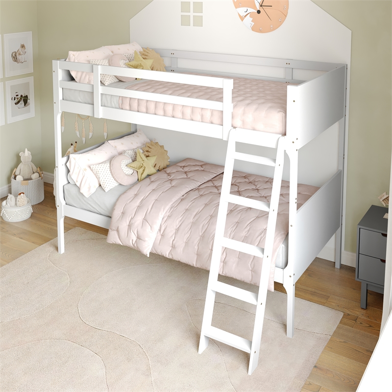 Twin Over Twin Convertible Slatted Solid Wood Bunk Bed Frame for Kids in White
