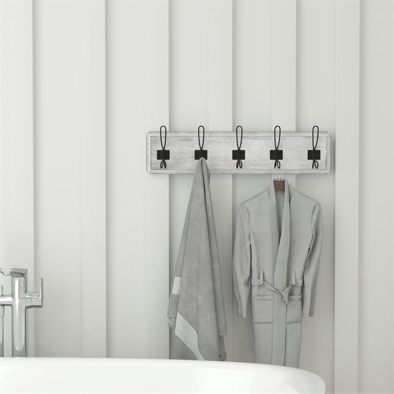 Vintage Wall Mounted Coat Rack with 5 Coat Hooks in Whitewashed Finish