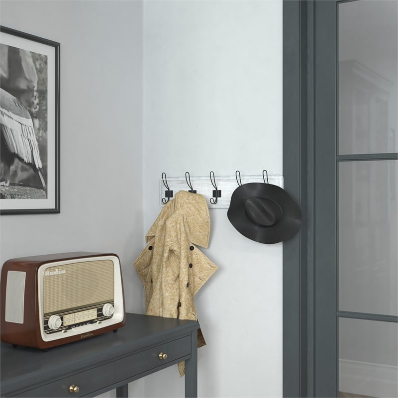 Vintage Wall Mounted Coat Rack with 5 Coat Hooks in Whitewashed Finish