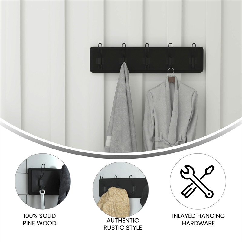 Vintage Wall Mounted Coat Rack with 5 Coat Hooks in Black Finish