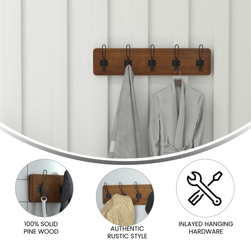 Vintage Wall Mounted Coat Rack with 5 Coat Hooks in Classic Brown Finish