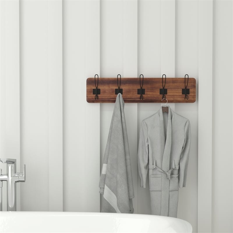 Vintage Wall Mounted Coat Rack with 5 Coat Hooks in Classic Brown Finish