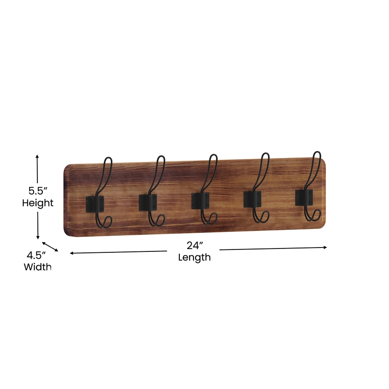 Vintage Wall Mounted Coat Rack with 5 Coat Hooks in Classic Brown Finish