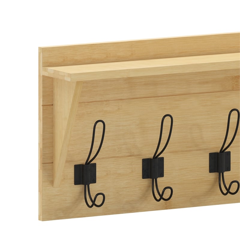 Wall Mounted Coat Rack with Upper Shelf and Coat Hooks in Bamboo Finish