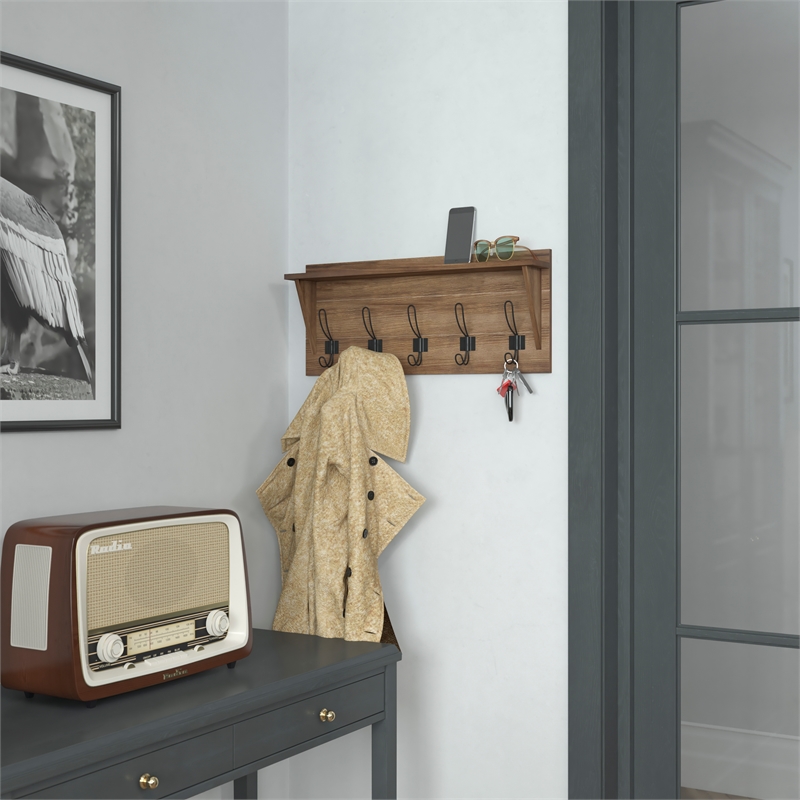 Wall Mounted Coat Rack with Upper Shelf and Coat Hooks in Rustic Brown Finish