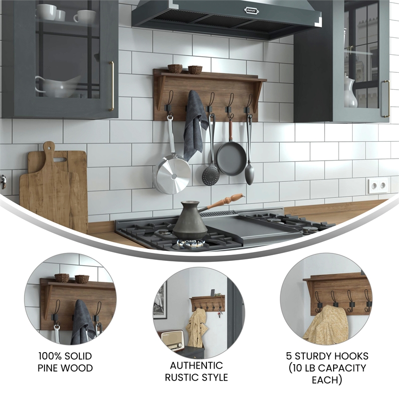 Wall Mounted Coat Rack with Upper Shelf and Coat Hooks in Rustic Brown Finish