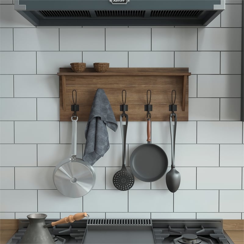Wall Mounted Coat Rack with Upper Shelf and Coat Hooks in Rustic Brown Finish