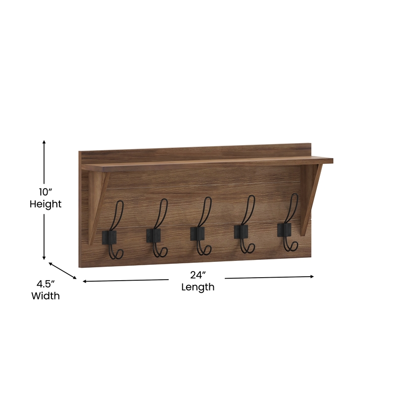 Wall Mounted Coat Rack with Upper Shelf and Coat Hooks in Rustic Brown Finish