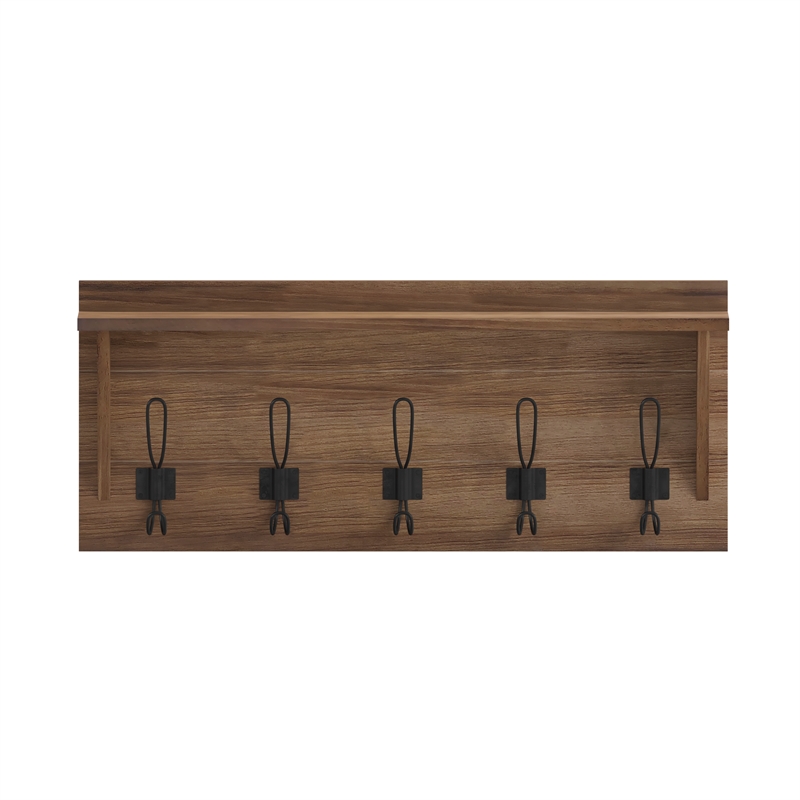 Wall Mounted Coat Rack with Upper Shelf and Coat Hooks in Rustic Brown Finish