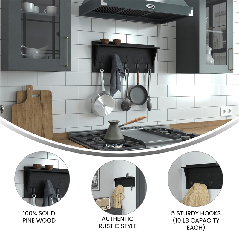 Wall Mounted Coat Rack with Upper Shelf and Coat Hooks in Black Finish