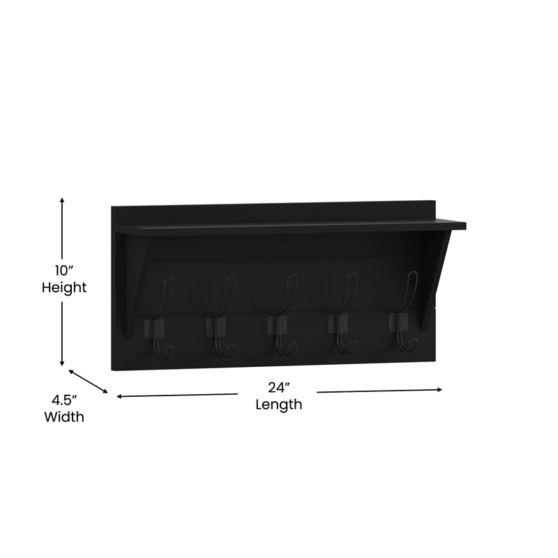 Wall Mounted Coat Rack with Upper Shelf and Coat Hooks in Black Finish