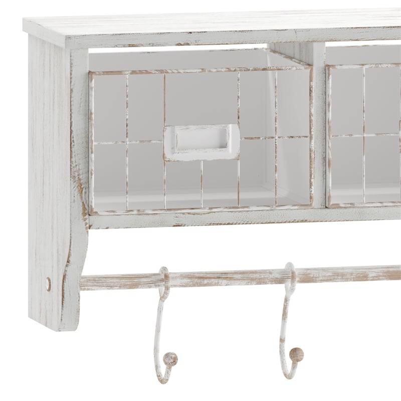 Wall Mounted Coat Rack with Upper Shelf Wire Baskets and Hooks in Whitewashed