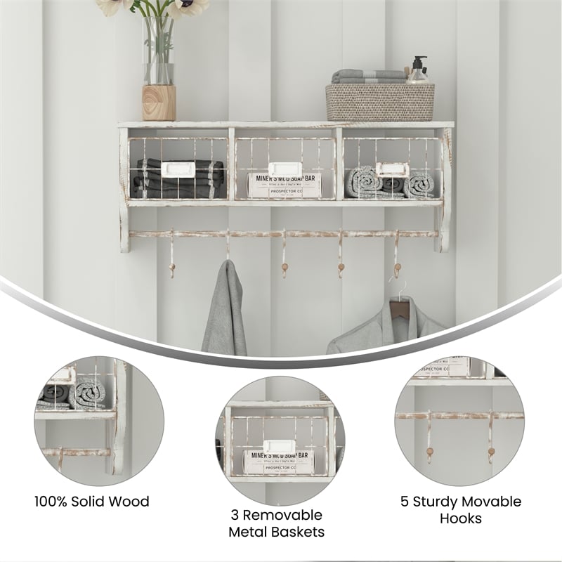 Wall Mounted Coat Rack with Upper Shelf Wire Baskets and Hooks in Whitewashed