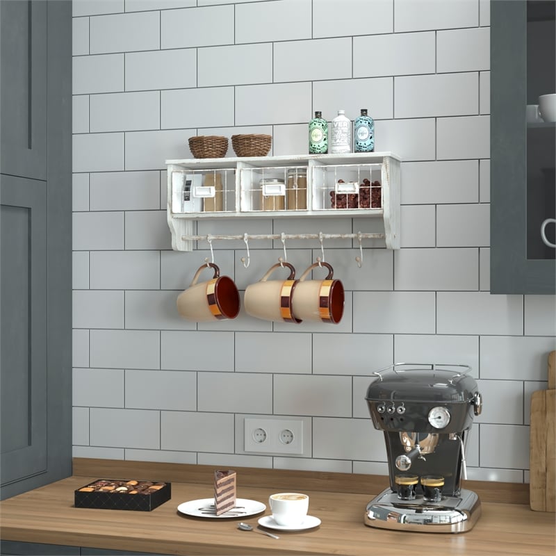 Wall Mounted Coat Rack with Upper Shelf Wire Baskets and Hooks in Whitewashed