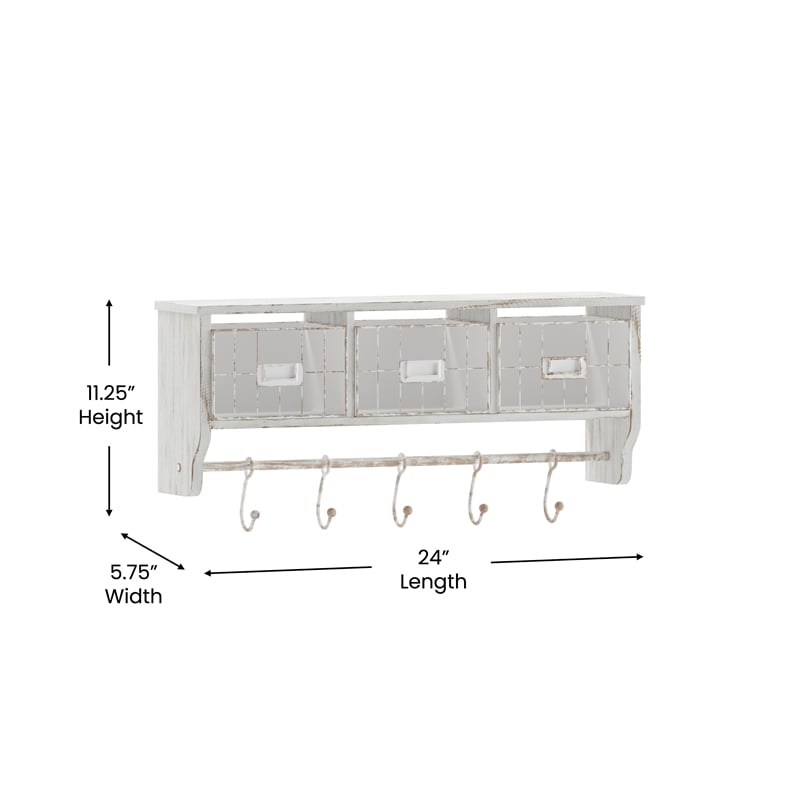 Wall Mounted Coat Rack with Upper Shelf Wire Baskets and Hooks in Whitewashed