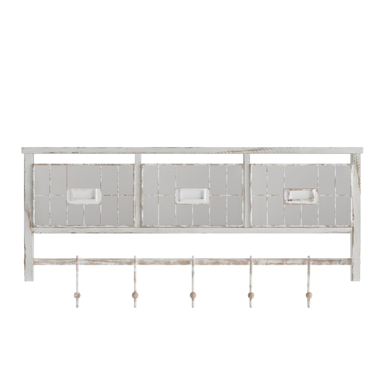 Wall Mounted Coat Rack with Upper Shelf Wire Baskets and Hooks in Whitewashed
