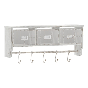 Wall Mounted Coat Rack with Upper Shelf Wire Baskets and Hooks in Whitewashed