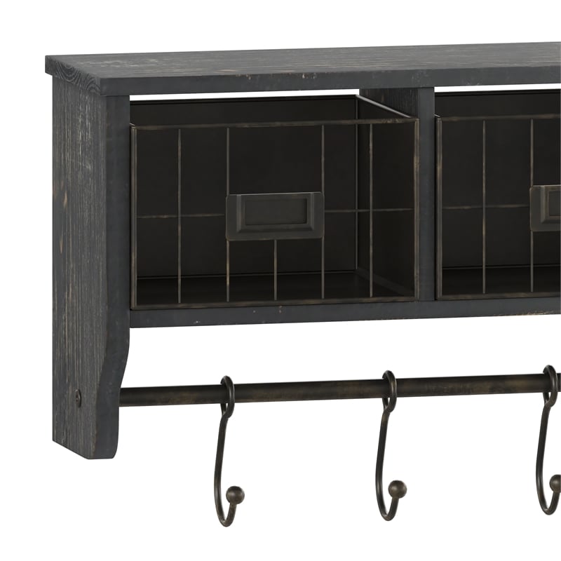 Wall Mounted Coat Rack with Upper Shelf Wire Baskets and Hooks in Blackwashed