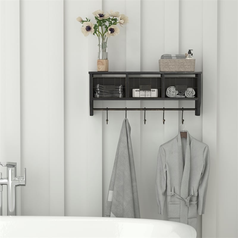 Wall Mounted Coat Rack with Upper Shelf Wire Baskets and Hooks in Blackwashed