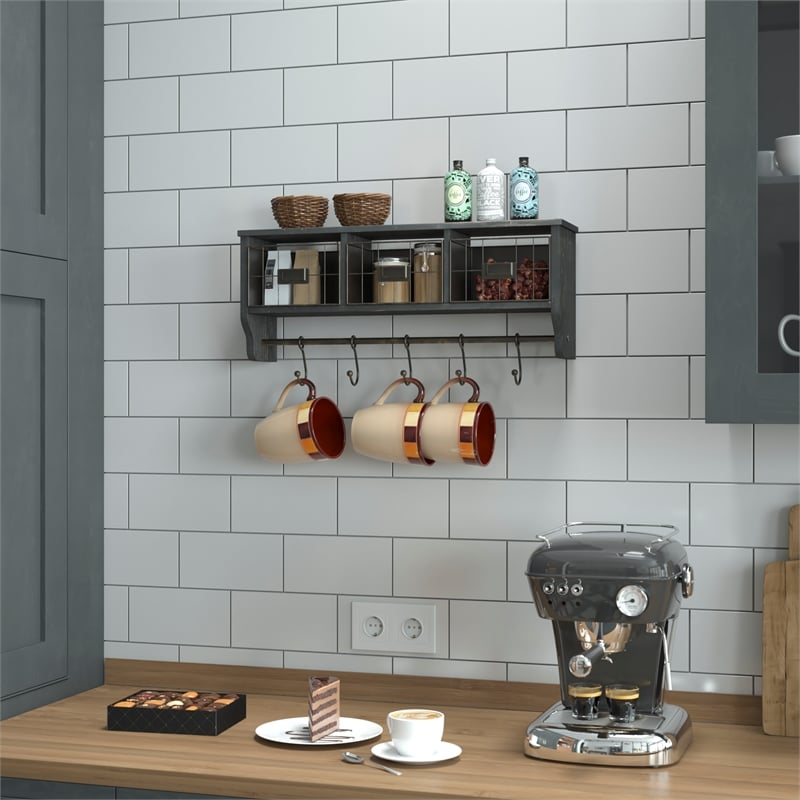 Wall Mounted Coat Rack with Upper Shelf Wire Baskets and Hooks in Blackwashed
