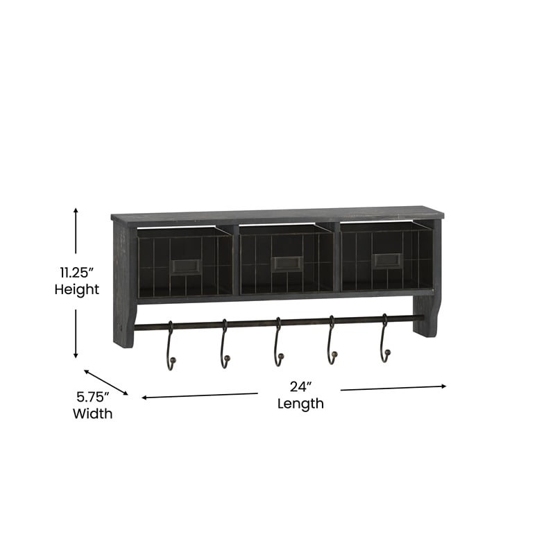Wall Mounted Coat Rack with Upper Shelf Wire Baskets and Hooks in Blackwashed